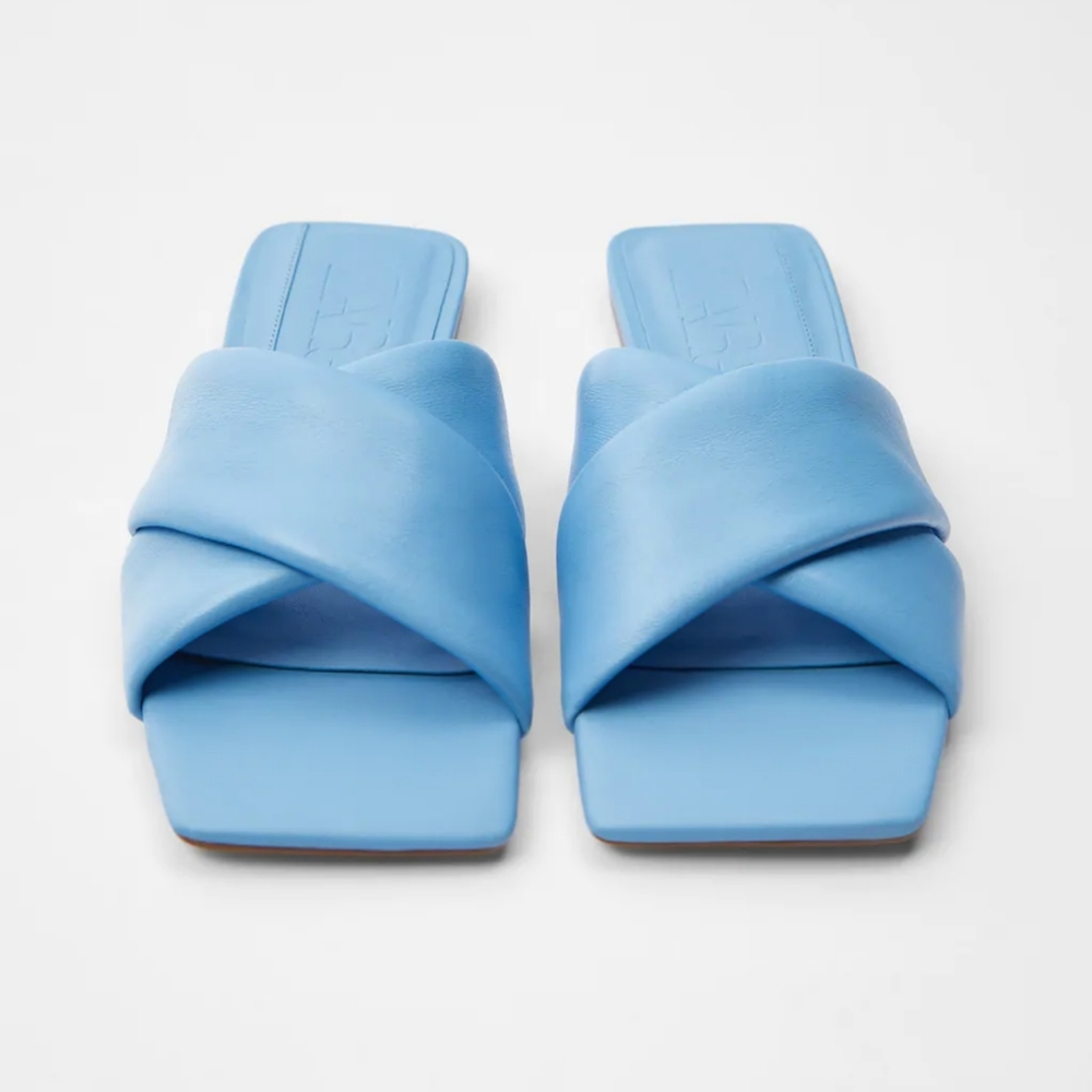 Zara flat leather padded blue sandals - Picture 2 of 7